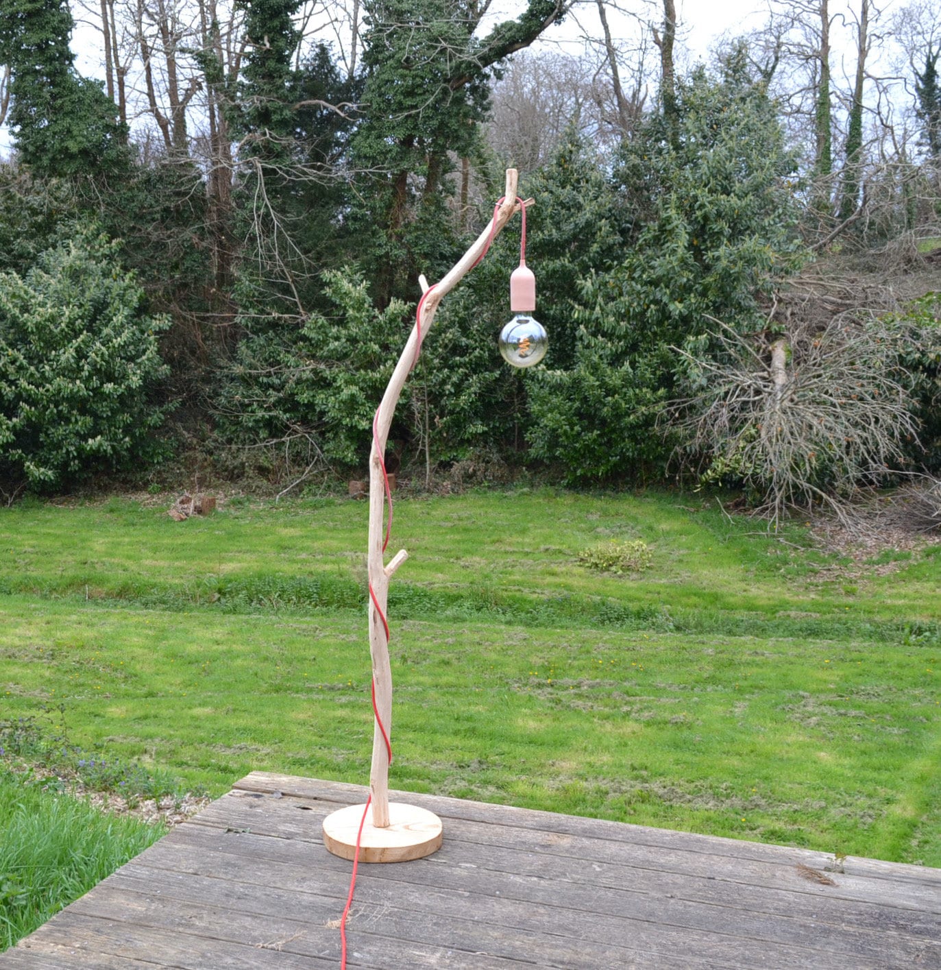 Lampadaire bois extérieur, déco naturelle, lampe branche