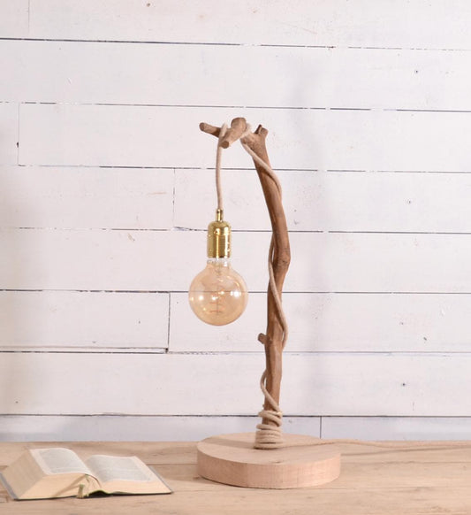 Lampe en bois naturel avec branche – Lampe artisanale bohème – Luminaire en châtaignier et lin – Décoration nature japandi