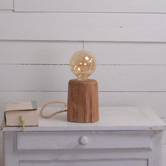 Lampe à poser en bois de vieux chêne marron – Lampe Edison LED chaude – Lampe de chevet artisanale – Petite lampe déco en bois, cordon jute