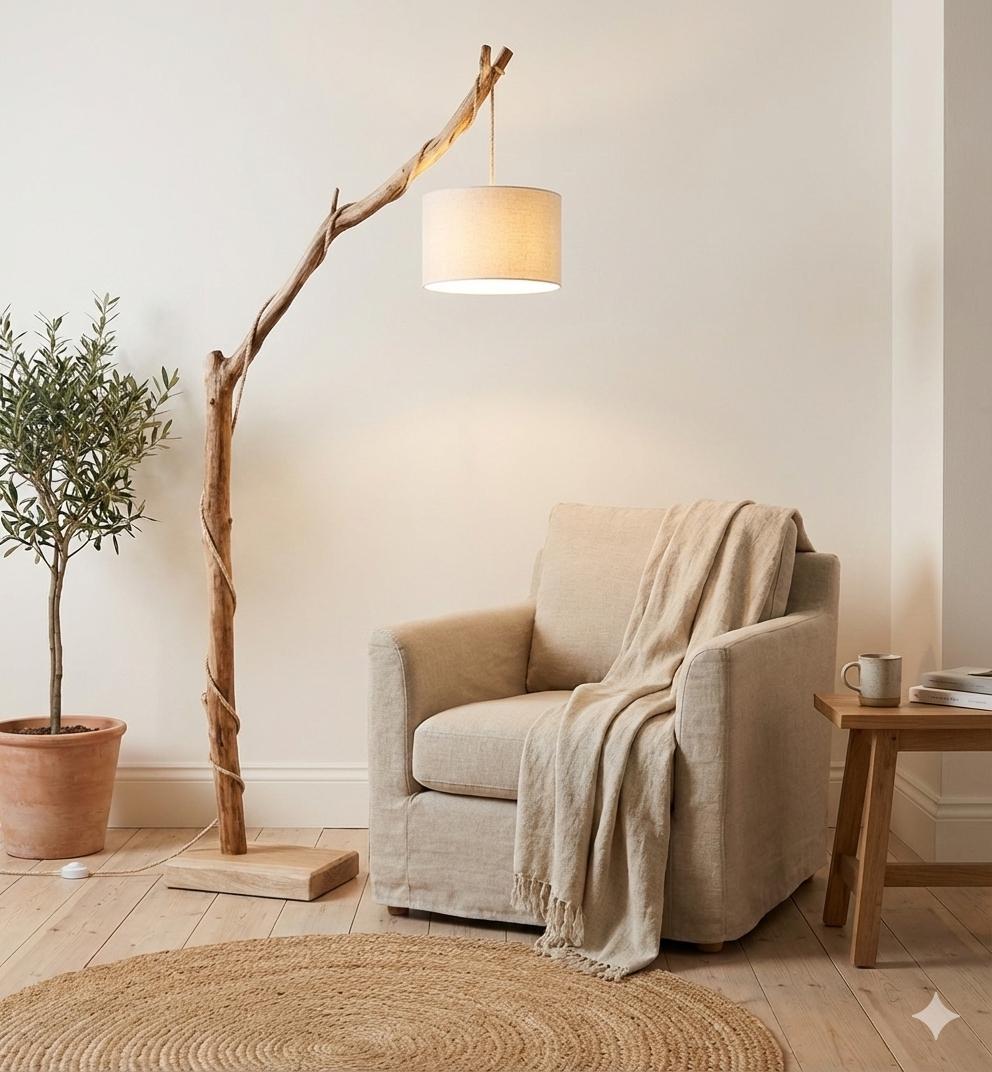 Lampadaire châtaignier – bois naturel, style artisanal bohème