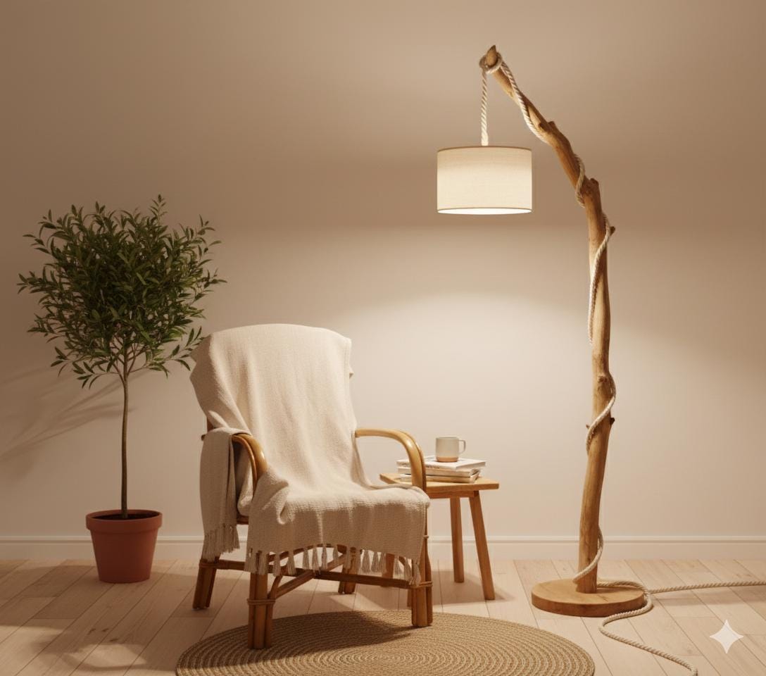 Lampadaire en chêne massif fait main – bois naturel,cordon coton blanc, style artisanal bohème