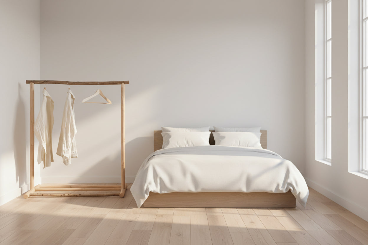 Portant vêtements en bois fait main, noisetier et châtaignier, esprit bohème