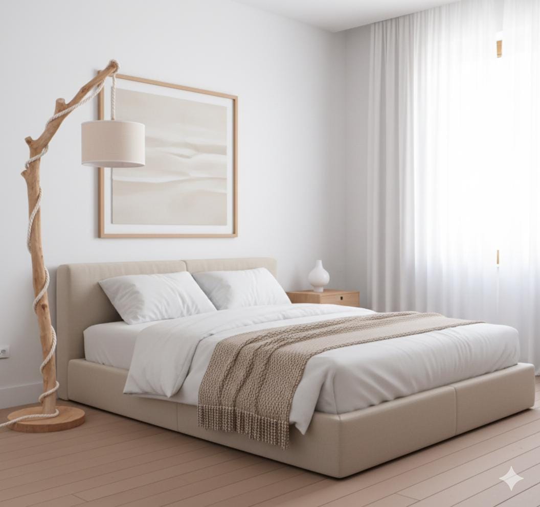 Lampadaire en chêne massif fait main – bois naturel,cordon coton blanc, style artisanal bohème