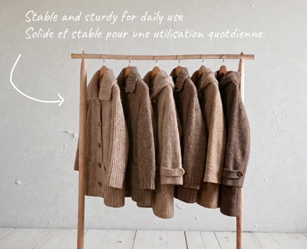 Portant vêtements bois brut avec étagère chaussures – Style bohème naturel pour chambre ou boutique, fait main en France