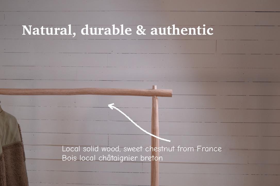 Portant vêtements bois brut avec étagère chaussures – Style bohème naturel pour chambre ou boutique, fait main en France
