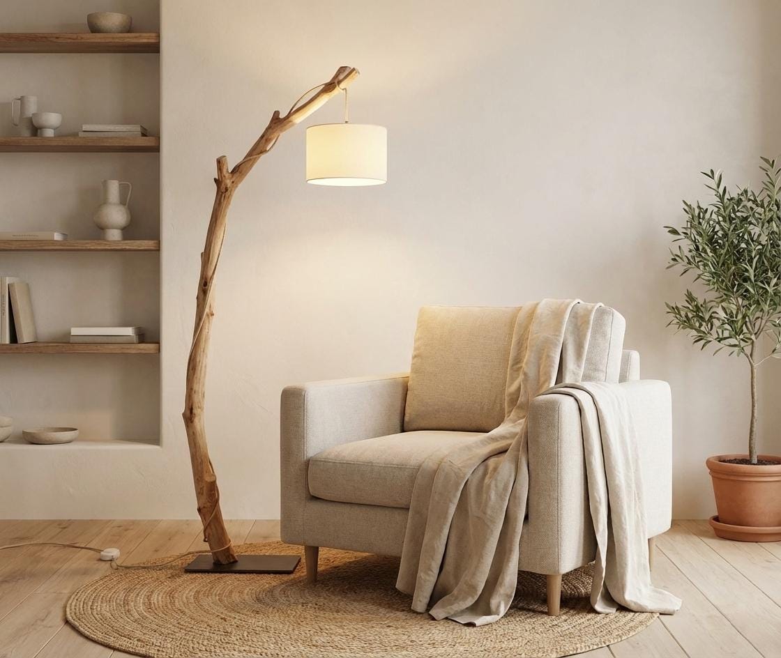Lampadaire en bois naturel – Branche de châtaignier – Pied acier noir – 160 cm – Abat-jour ou ampoule LED – Pièce unique artisanale