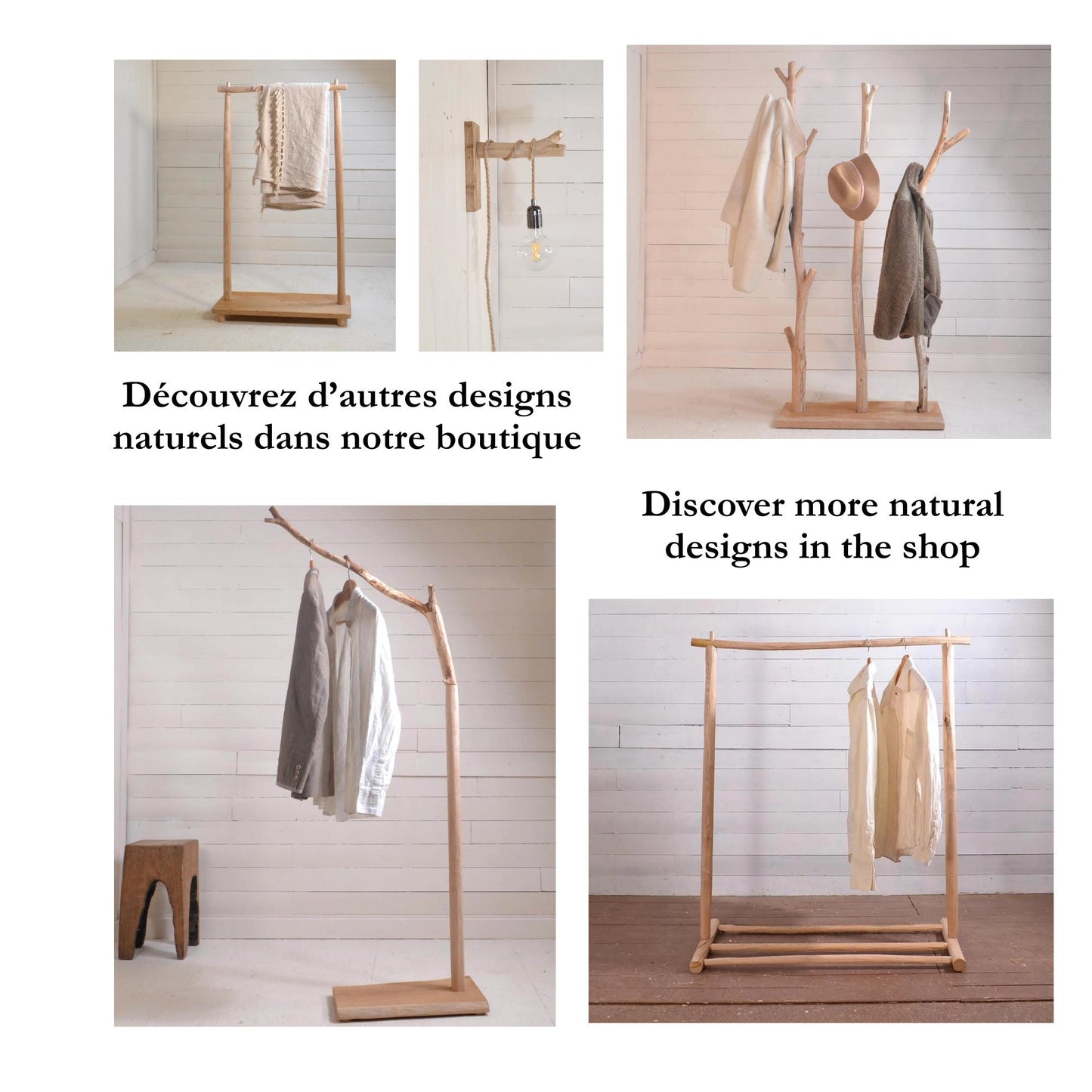 Portant vêtements en bois naturel avec étagère chaussure, design brut élégant