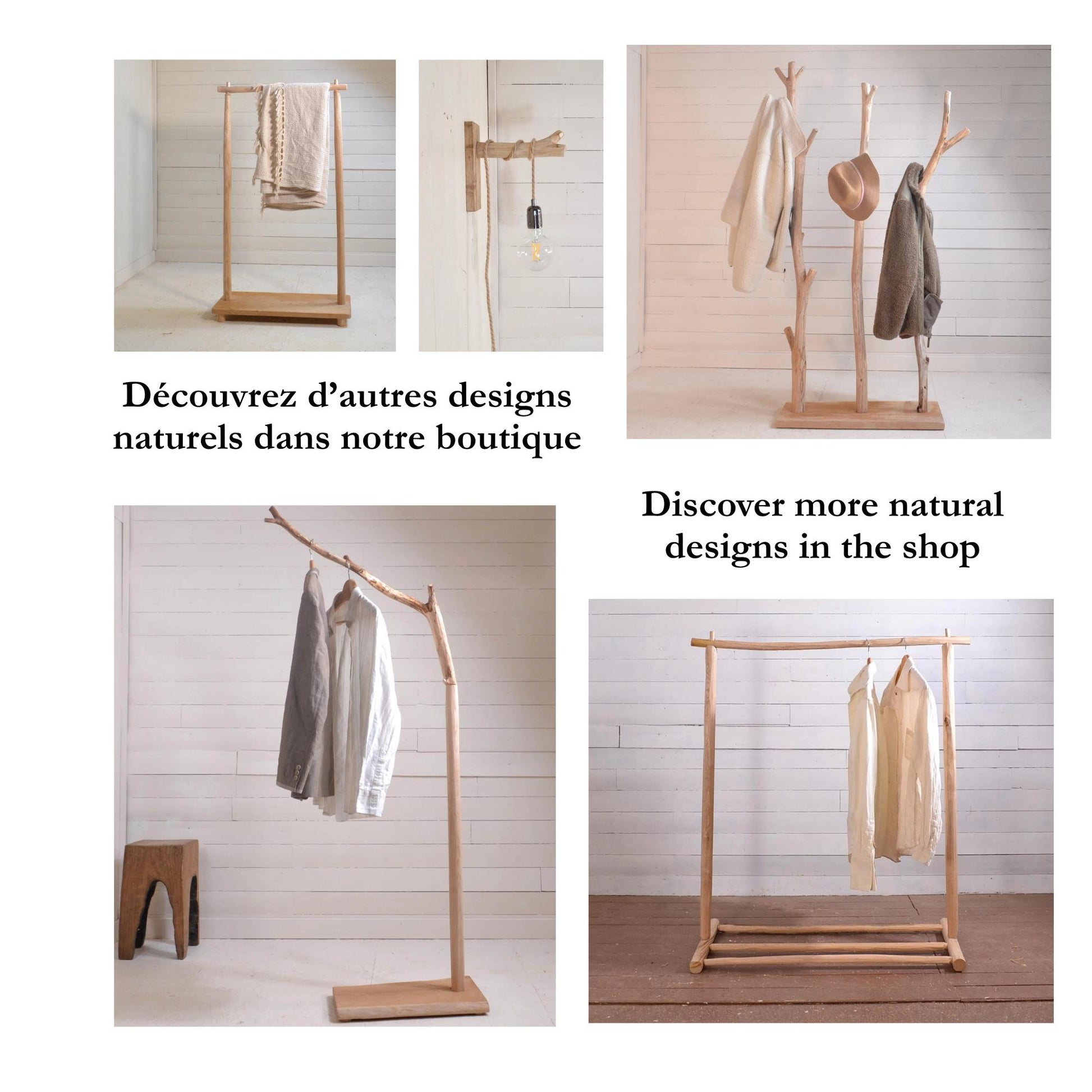 Portant vêtements en bois naturel avec étagère chaussure, design brut élégant