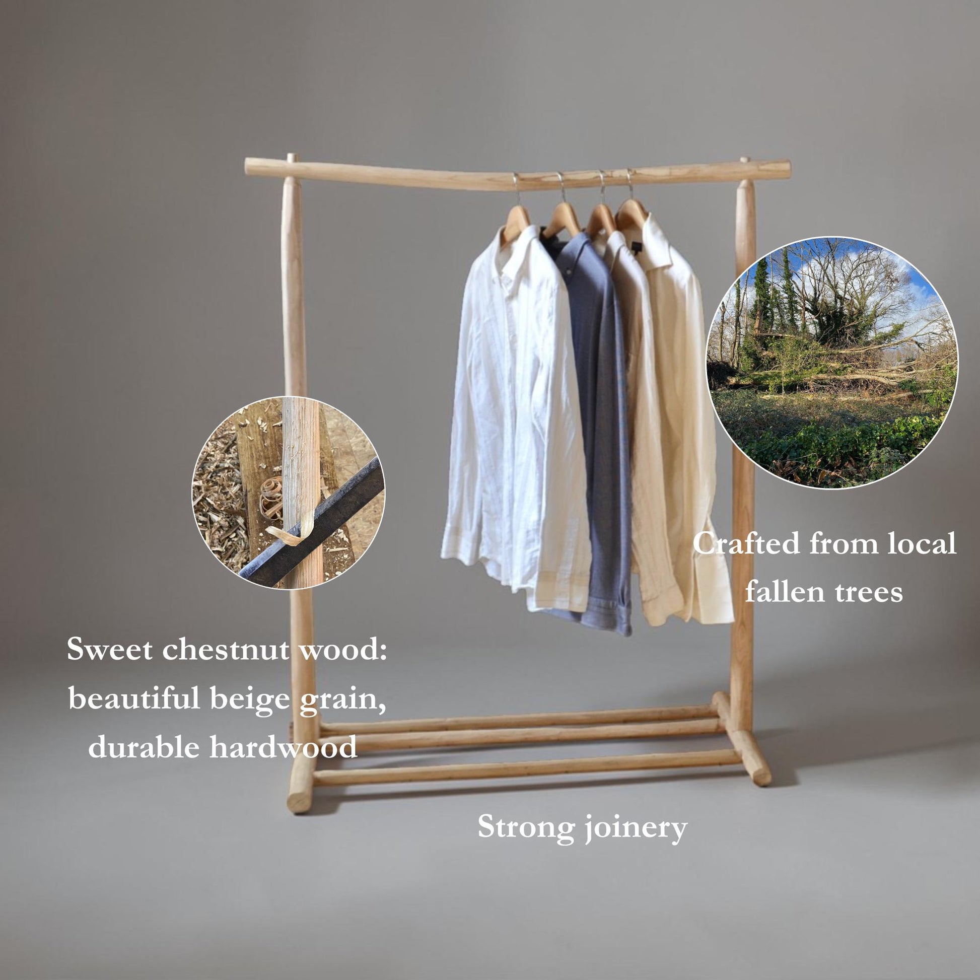 Portant vêtements bois brut avec étagère chaussures – Style bohème naturel pour chambre ou boutique, fait main en France