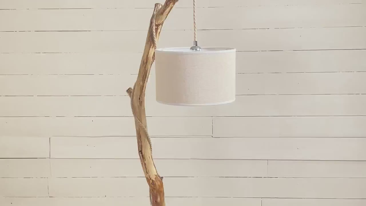 Lampadaire branche  – bois naturel, cordon jue tressé, style artisanal bohème