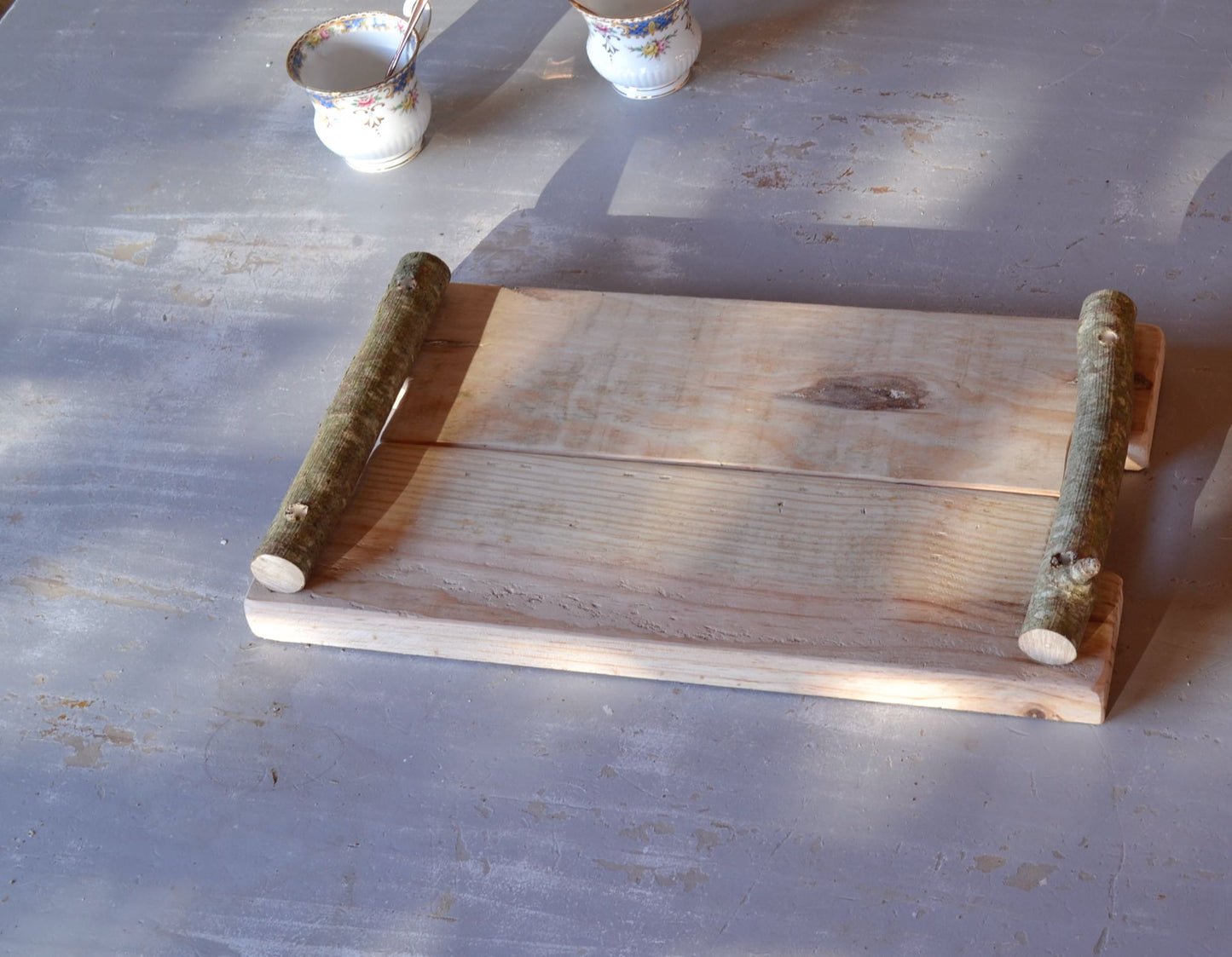 Wooden serving tray with hazel handles, decorative tray, ecofriendly furniture